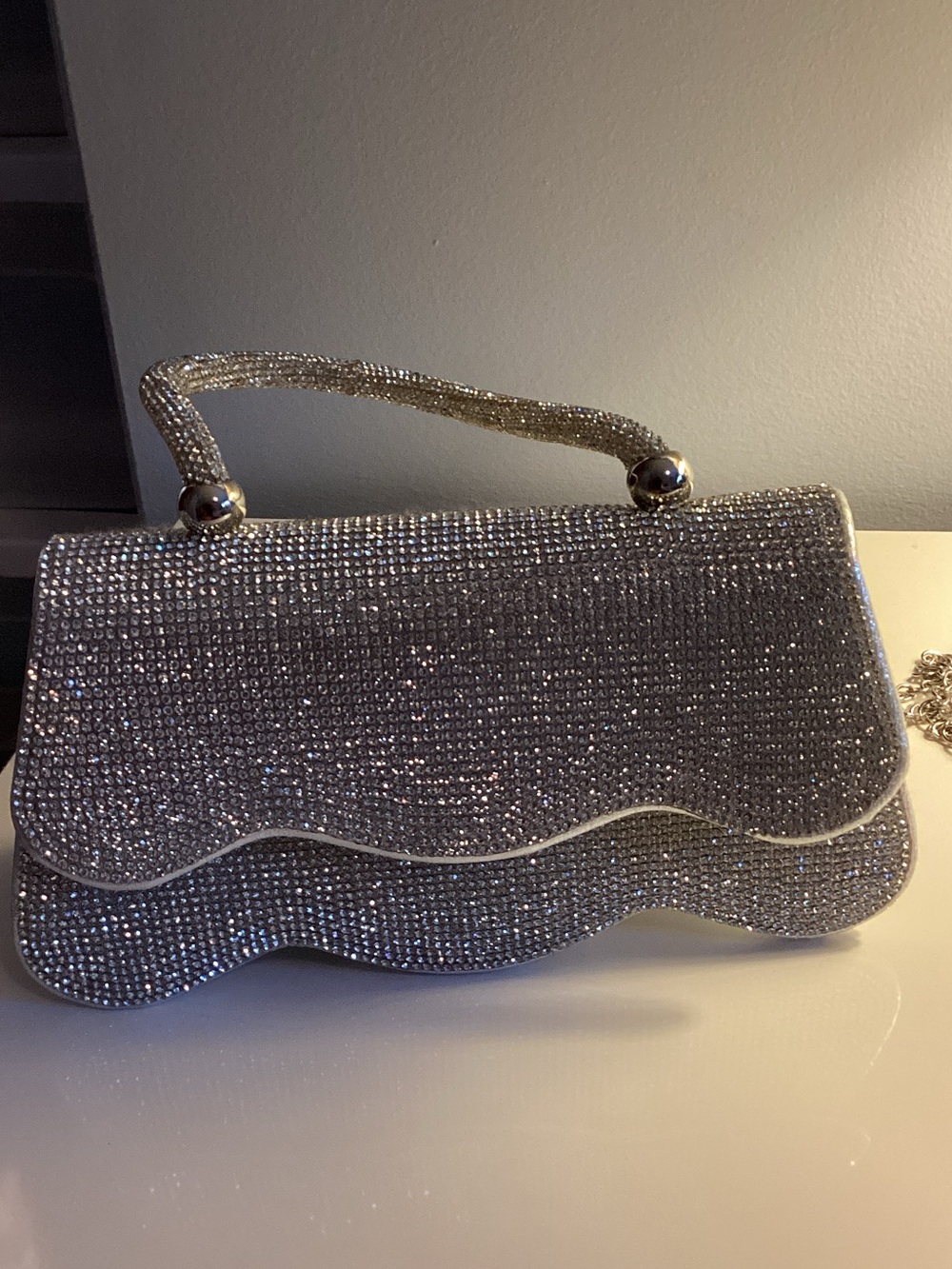 Silver Crystal Scallop-Edge Evening Clutch with Top Handle